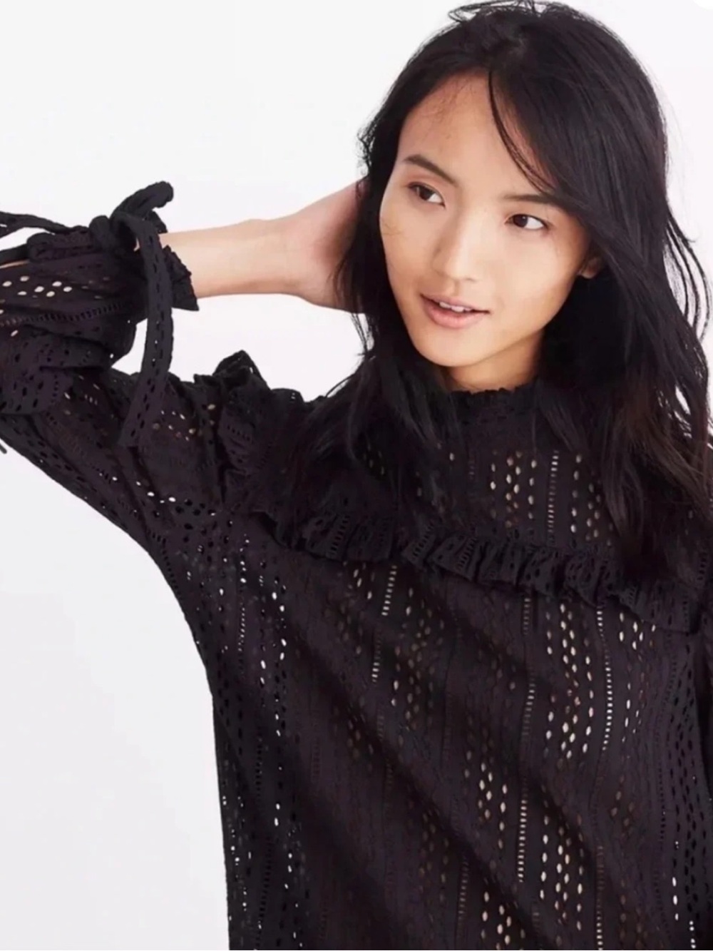 Madewell Eyelet Ruffle Black Long Sleeve Blouse XL